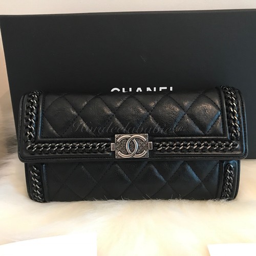 Auth. CHANEL BLACK Calfskin LE BOY Long Wallet Chain Around Limited Edition