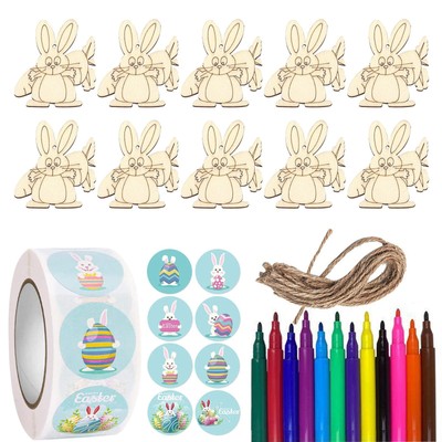 Diy Easter Wooden Pendant Sticker Pen Set Rabbit Egg Hanging Ornament Kid Toy 