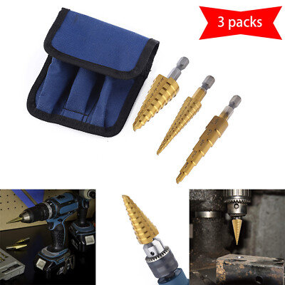 3PCS Drill Bit Set Titanium Nitride Coated Steel Step Quick Change 1/4 Shank HSS
