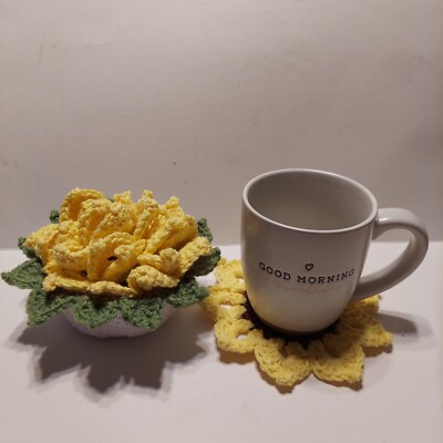4 SUNFLOWER COASTERS In Basket Crochet Handmade 100% Cotton NEW NO MUG 