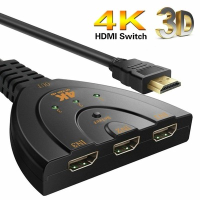 4K HDMI Switch 3 Port Splitter Cable Switcher HUB Adapter for HDTV PS4 Xbox PC