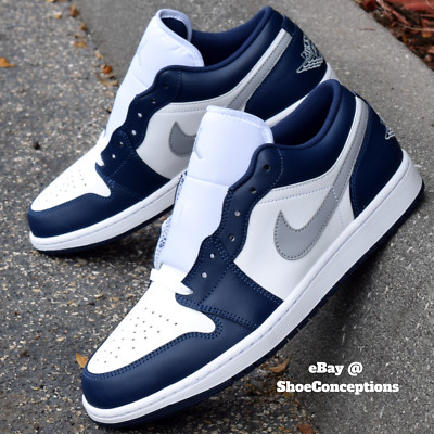 Nike Air Jordan 1 Low Shoes White Gray Midnight Navy 553558-141 Men's Sizes NEW
