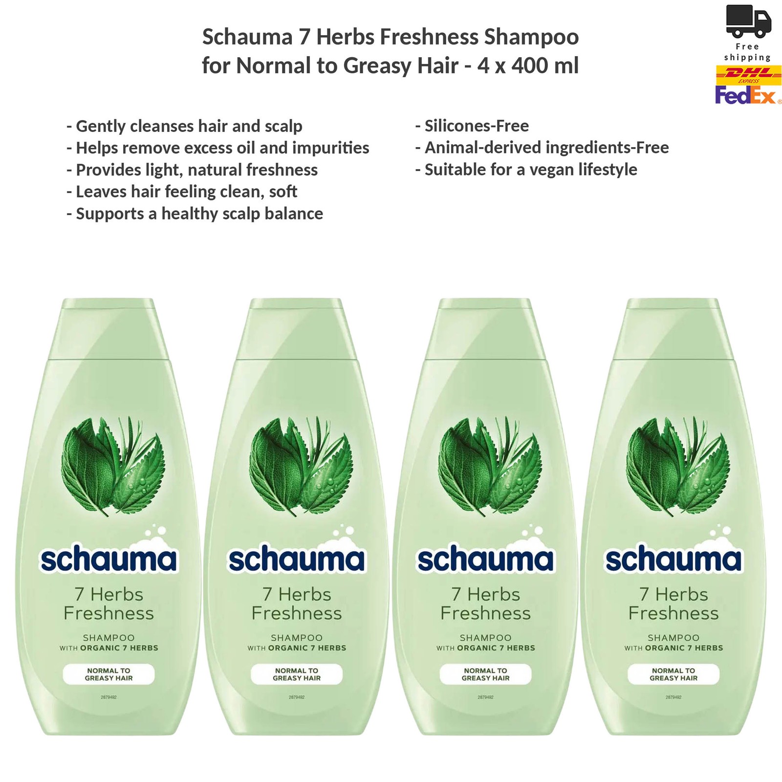 Schauma 7 Herbs Freshness Shampoo for Normal to Greasy Hair 4 x 400 ml
