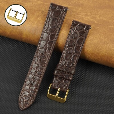 Dark Brown Watch Band Flat Genuine Crocodile Leather Watch Strap Gold Buckle