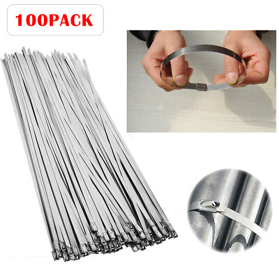 100 Pcs 304 Stainless Steel 12" Exhaust Wrap Coated Metal Locking Cable Zip Ties