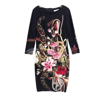 JOSEPH RIBKOFF Floral Jersey Bodycon Dress 3/4 Sleeve Stretch EUC Size US 10