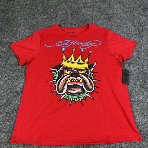 Ed Hardy T Shirt Mens Large Red Short Sleeve Bulldog Graphic