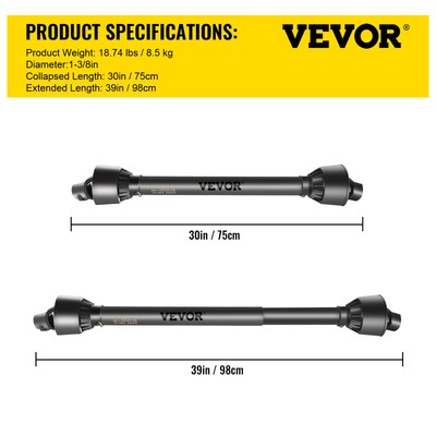VEVOR PTO Shaft PTO Driveshaft 1-3/8" 6 Spline/Round T4 Black 30-39" for Tractor