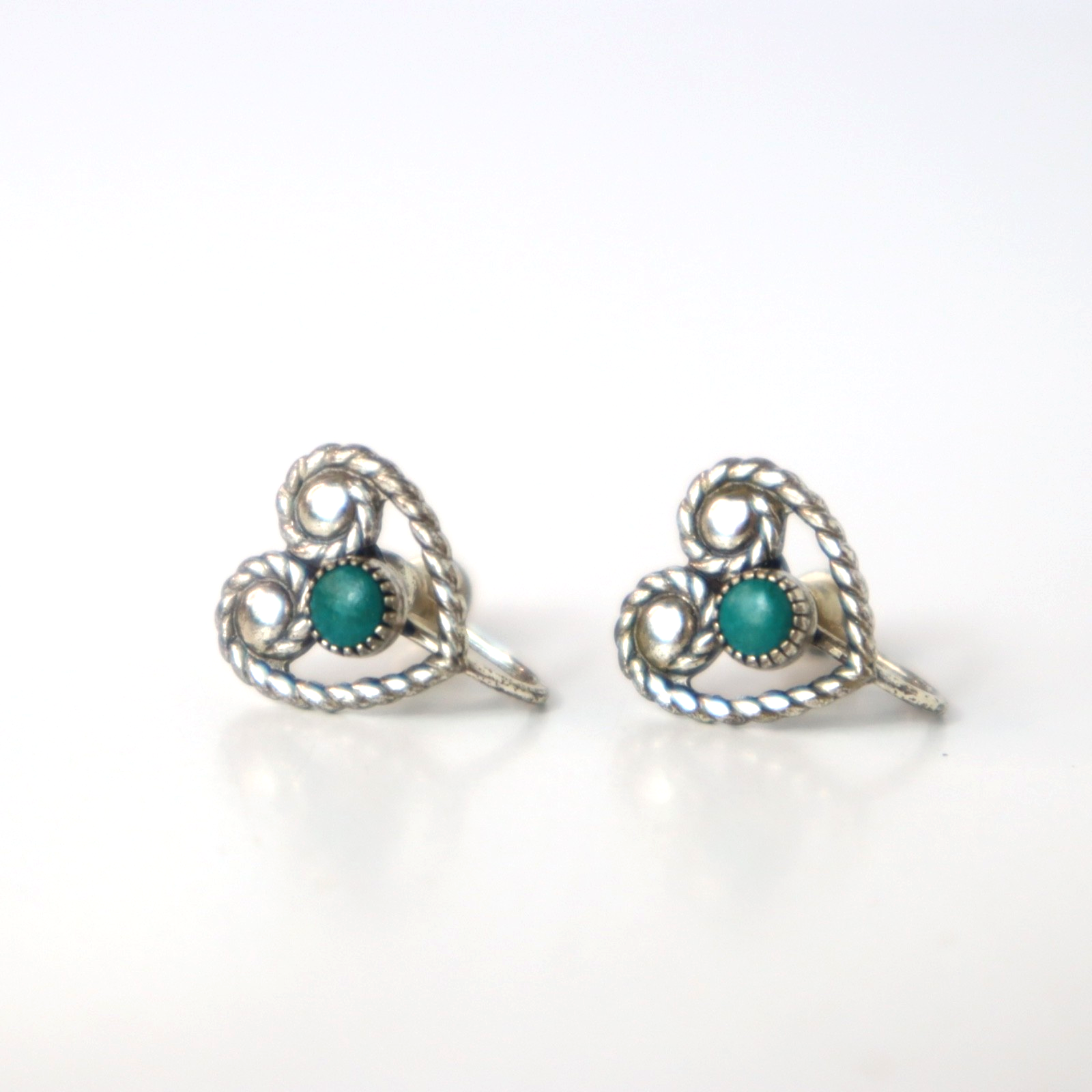Vintage 925 Sterling Silver Heart Malachite Stone Screw Back Earrings Native