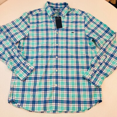 NWT Vineyard Vines Men's OTG Performance M Long Sleeve Shirt Plaid Green Blue