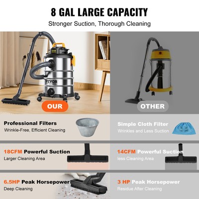 VEVOR Wet Dry Shop Vac Vacuum 8 Gallon 6 Peak HP Cleaner Hose Stainless Steel