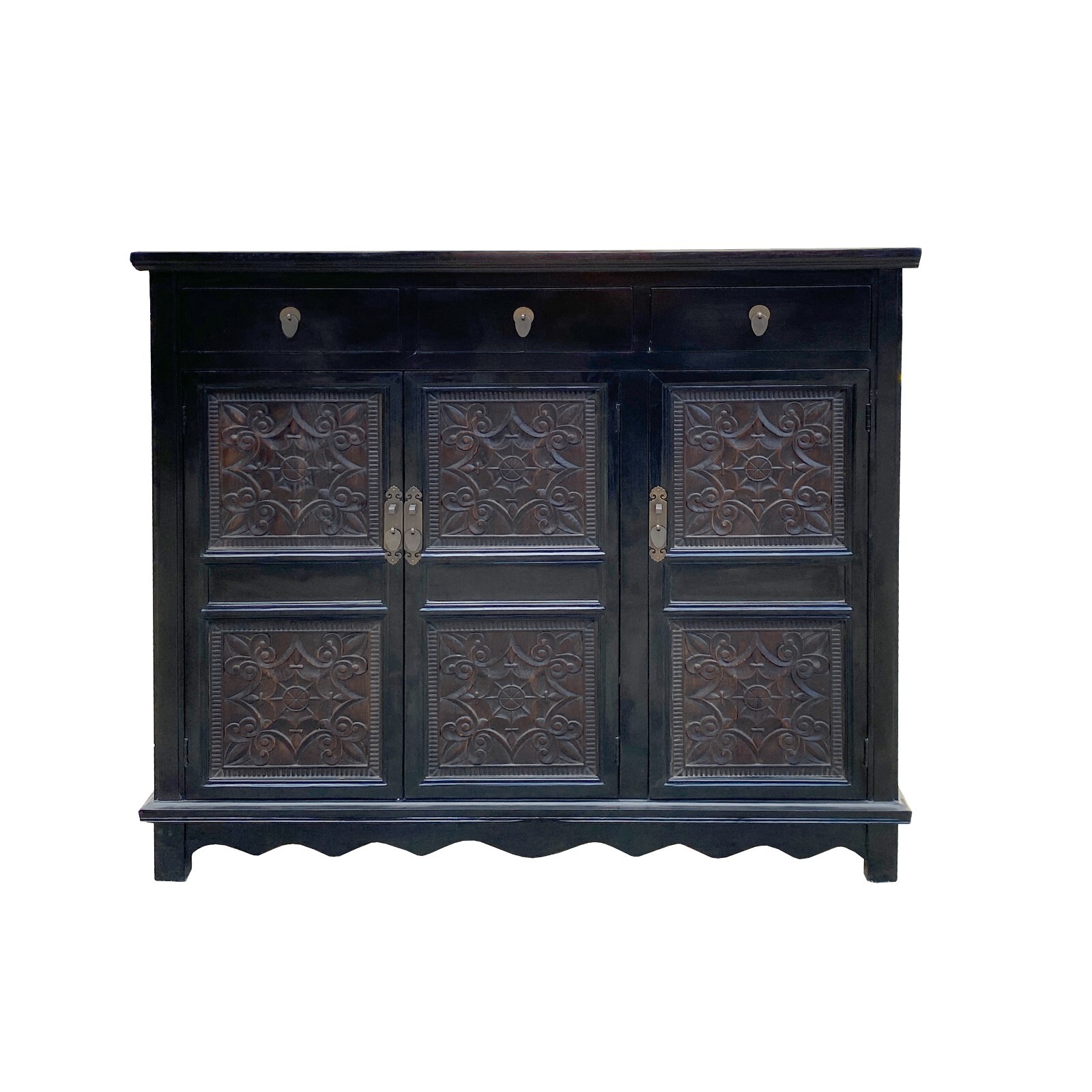 Asian Black Flower Motif Carving Side Table Credenza Storage Cabinet cs7503S Asian Black Flower Motif Carving Side Table Credenza Storage Cabinet cs7503S