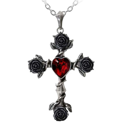 ALCHEMY GOTHIC CROSS ROSIFIX PENDANT Black Rose Red Swarovski Heart + FREE POUCH
