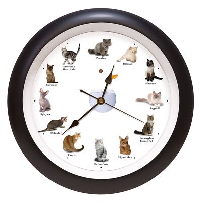 Meowing Cat Sounds Wall Clock, 13'', Black, 12 Popular Breeds