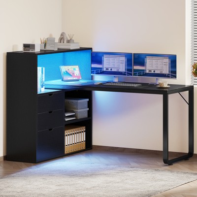 55" Computer Desk L Shaped Desk with Drawers & Power Outlets with Bookshelf