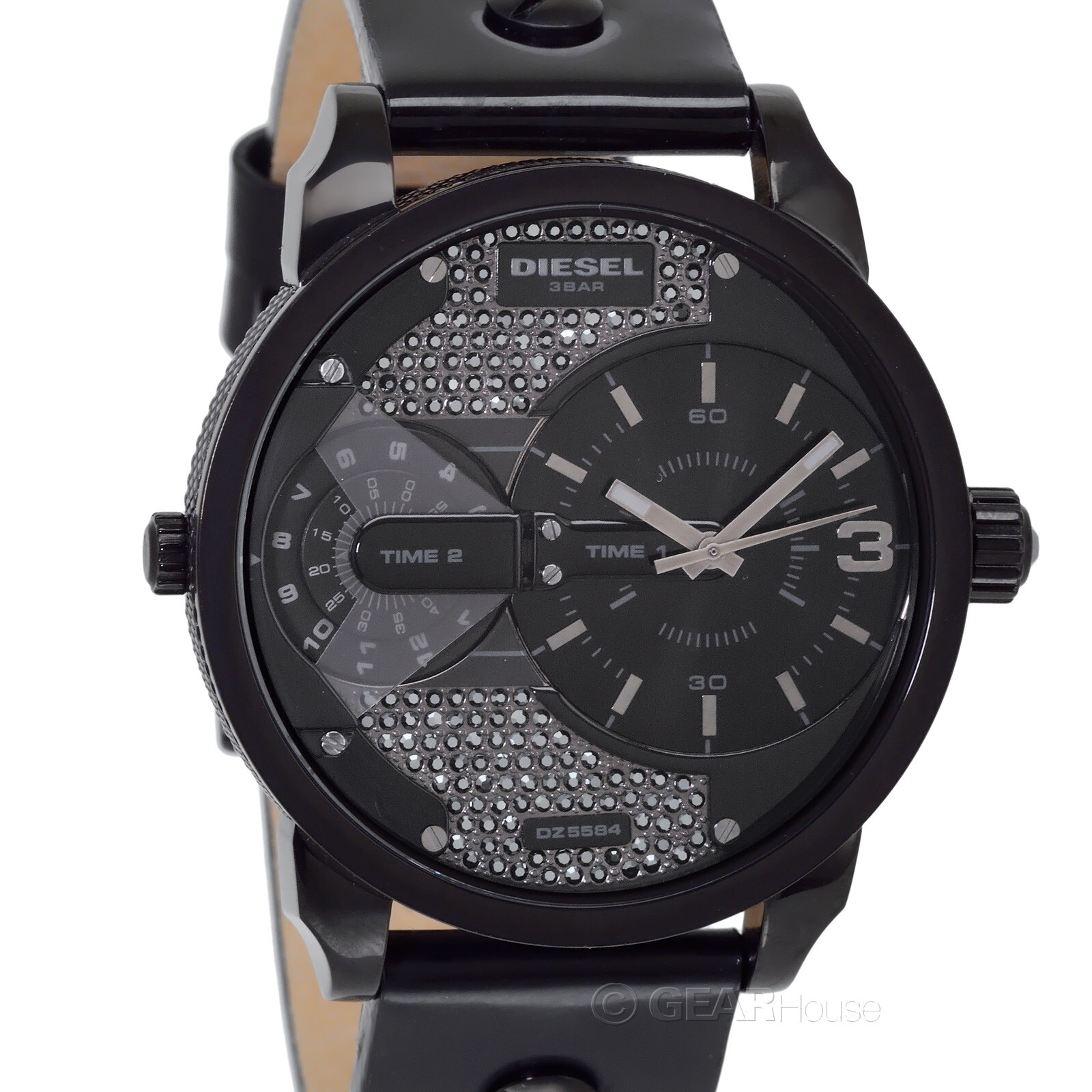 Мужские часы DIESEL Mini Daddy с двойным часовым механизмом, блестящий циферблат из хрусталя, черная глянцевая кожа