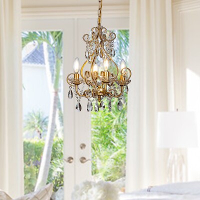 Open Box 4-Lights 13'' Small French Crystal Chandelier in Antique Gold
