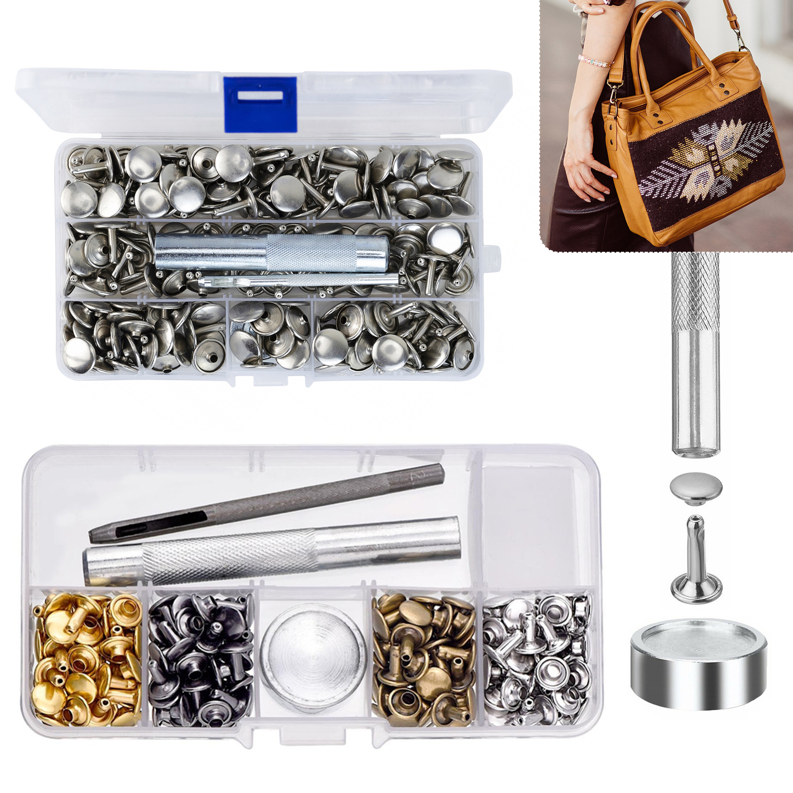 100pcs Leather Craft Rivet Box Double Cap Metal Studs with Pliers Fixing Tools