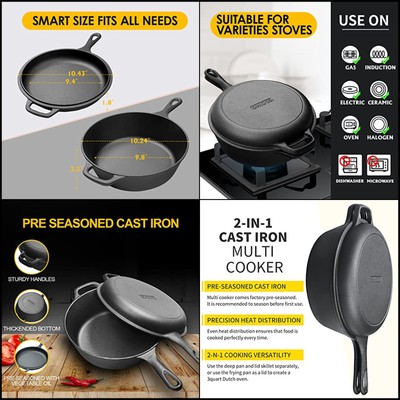 Cast Iron Multi Cooker Skillet Set Dutch Oven for Bread Frying, Cooking Iron Pan