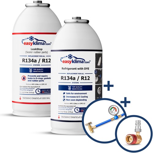 EasyKlima Kit Climatisation R134a LeakStop avec Adaptateur HP/LP