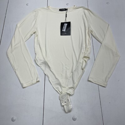 Pretty Little Thing Basic Cream Slinky Long Sleeve Bodysuit Women s 12 New*