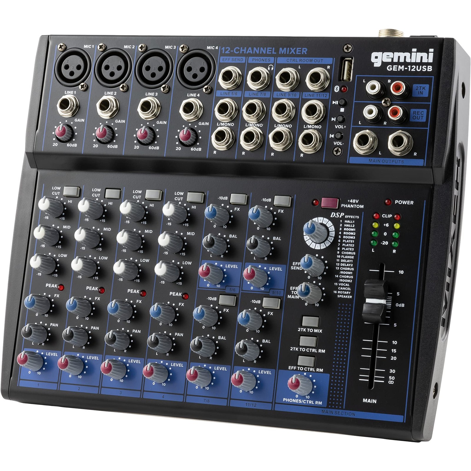 Gemini 12-Channel DJ Audio Mixer with Multi-FX, USB, EQ & Phantom Power – Studio