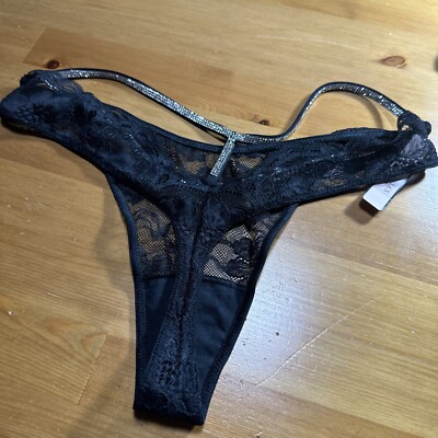 Victoria Secret Rhinestone Shine Strap Cutout Back Thong Panty Black Sz Medium