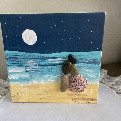 ''MOONLIGHT KISS'' FRAMED STONE ART-LOVERS, STONE ART, HANDPAINTED