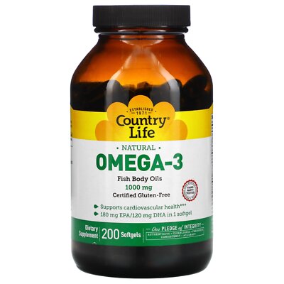 Country Life Омега-3 1000 мг 200 капсул без глютена, без молока,