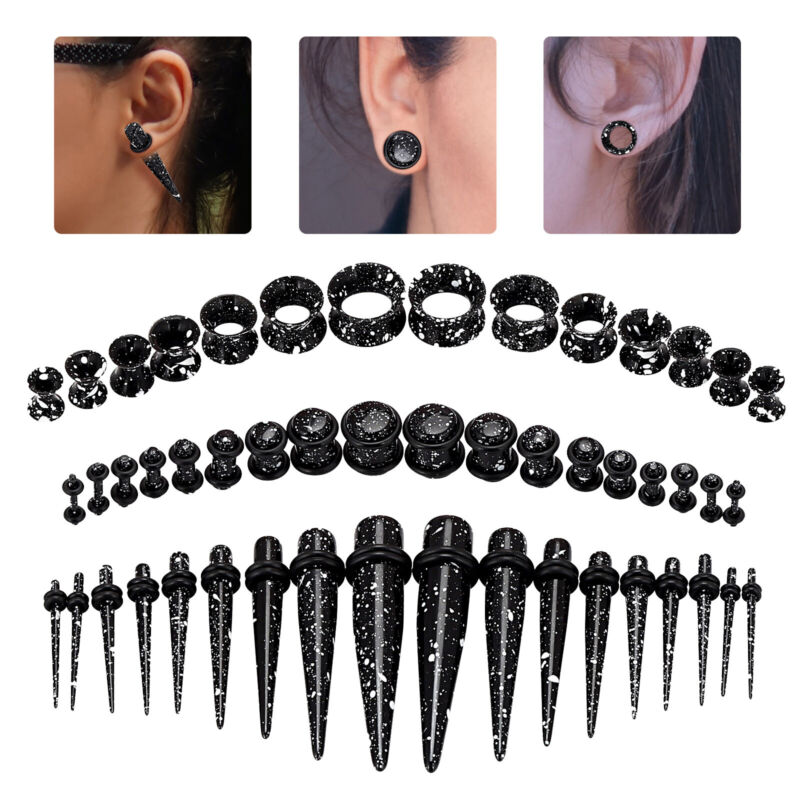 2-50pc Ear Stretching Kit 14g-1/2" Black Spot Acrylic Taper Plug Silicone Tunnel