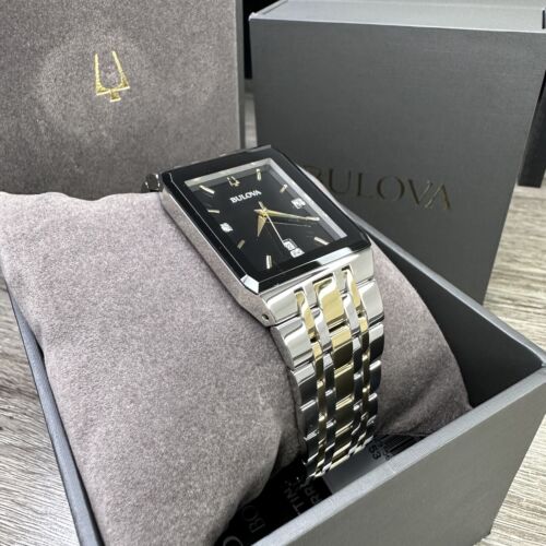 Pre-owned Bulova New✅  Quadra Diamond Date Black Dial Rectangle Two Tone Men's Watch 98d153