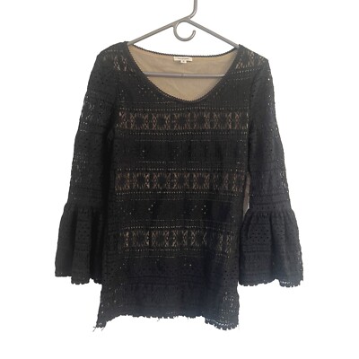 Max Studio Women s Tunic Blouse Top M Black Lace Bell Sleeves Witchy Goth Rock