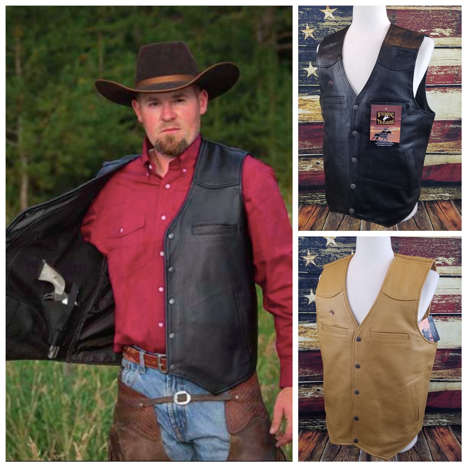 Wyoming Traders Mens Drover Snap Up Leather Conceal Carry Ranch Wear Cowboy Vest