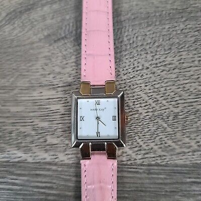 MARY KAY Watch Women Silver Gold Two Tone Pink Leather Band Needs Battery