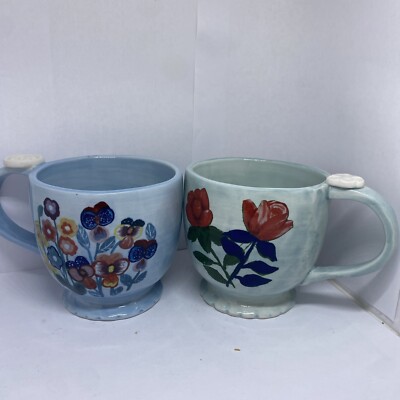 Two (2) Anthropologie Francesca Kaye Mug -  Blue Floral Stoneware New