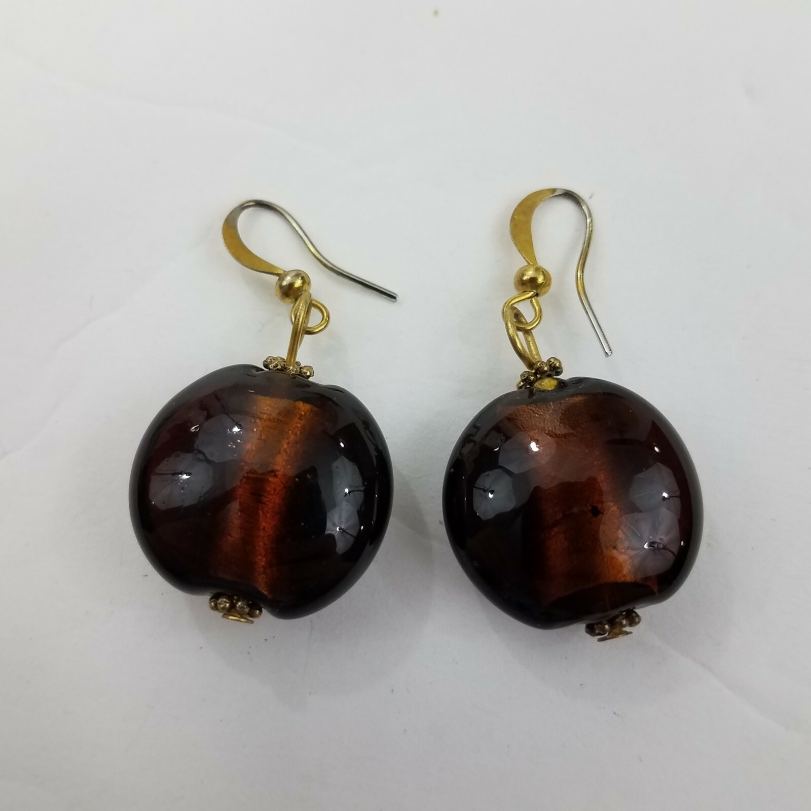 Brown Beaded Necklace Earrings Set Mutli Strand Glass Silver tone Yellow
