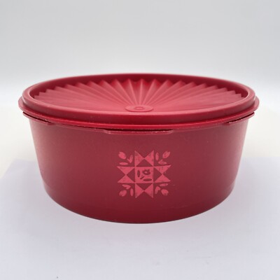 Vintage Tupperware Canister Container Red Tulip Servalier Round With Lid