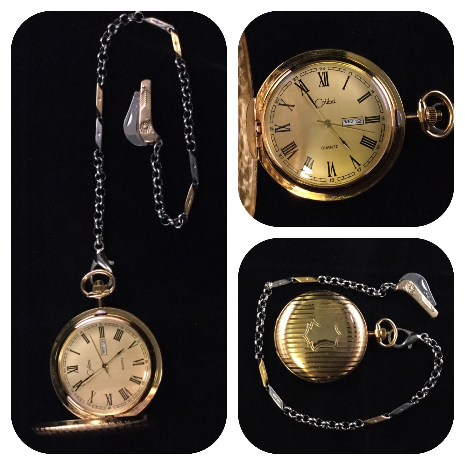 Working Gold Tone Pocket Watch With Two Tone Chain and knife fob