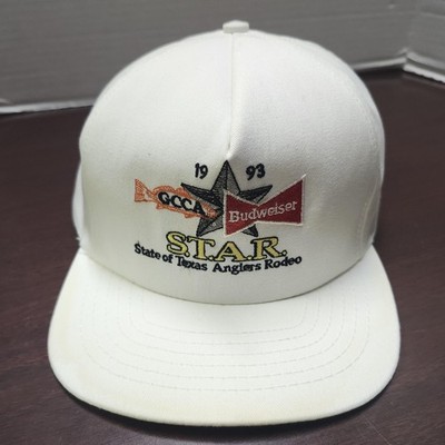 VINTAGE Budweiser Hat Cap Snap Back White Texas S.T.A.R. Anglers Rodeo Mens 90s