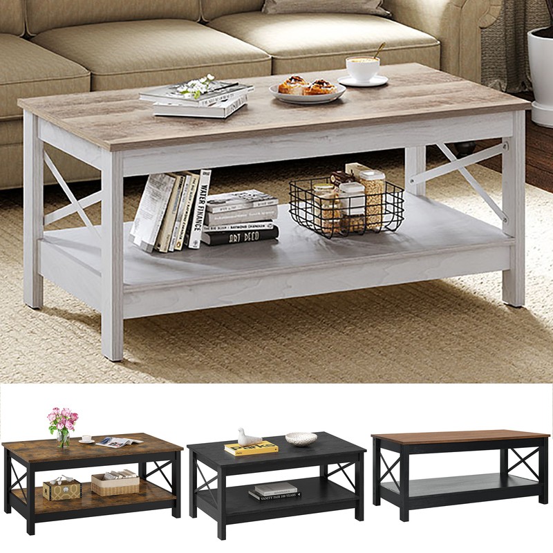 2-Tier Farmhouse Coffee Table with Storage Center Cocktail Table for