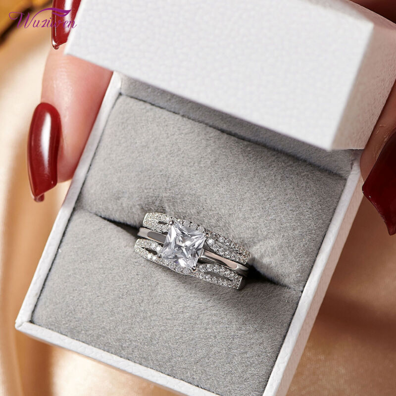 Wuziwen 2ct Sterling Silver Rings For Women Engagement Promise Rings Bridal Set