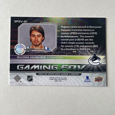 2024 Upper Deck Series 1 #GFOV-21 Quinn Hughues Gaming FOV Green 145/199