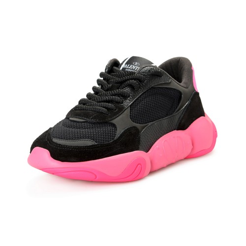 Pre-owned Valentino Garavani Men's Black Bubbleback Mesh And Suede Athletic Sneakers Shoes In Black/pink