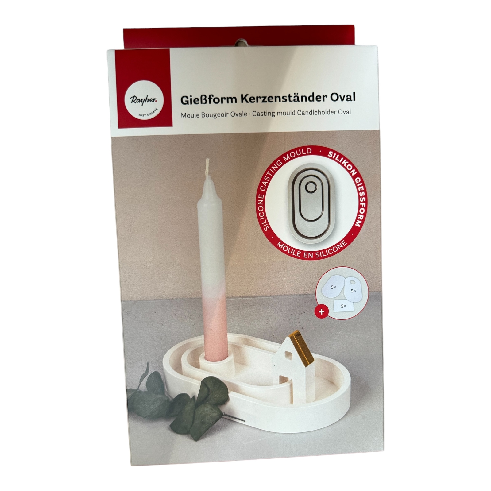 Rayher Silikon Gießform Kerzenständer Oval, 18,5x10,3x2,5cm, inkl. 3x5 Schablone