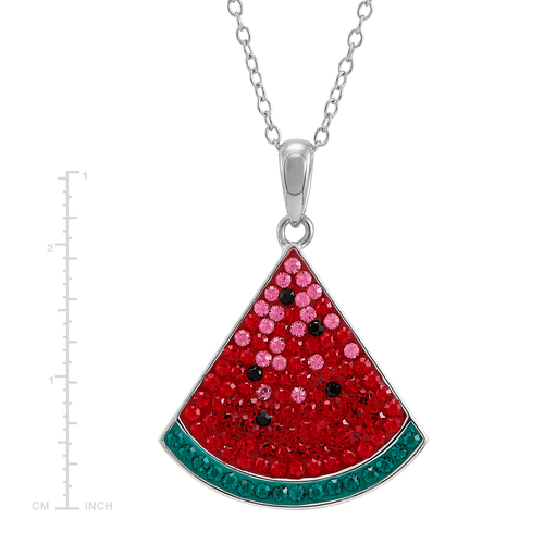 Finecraft Watermelon Slice Pendant with Crystals in Sterling Silver, 18"