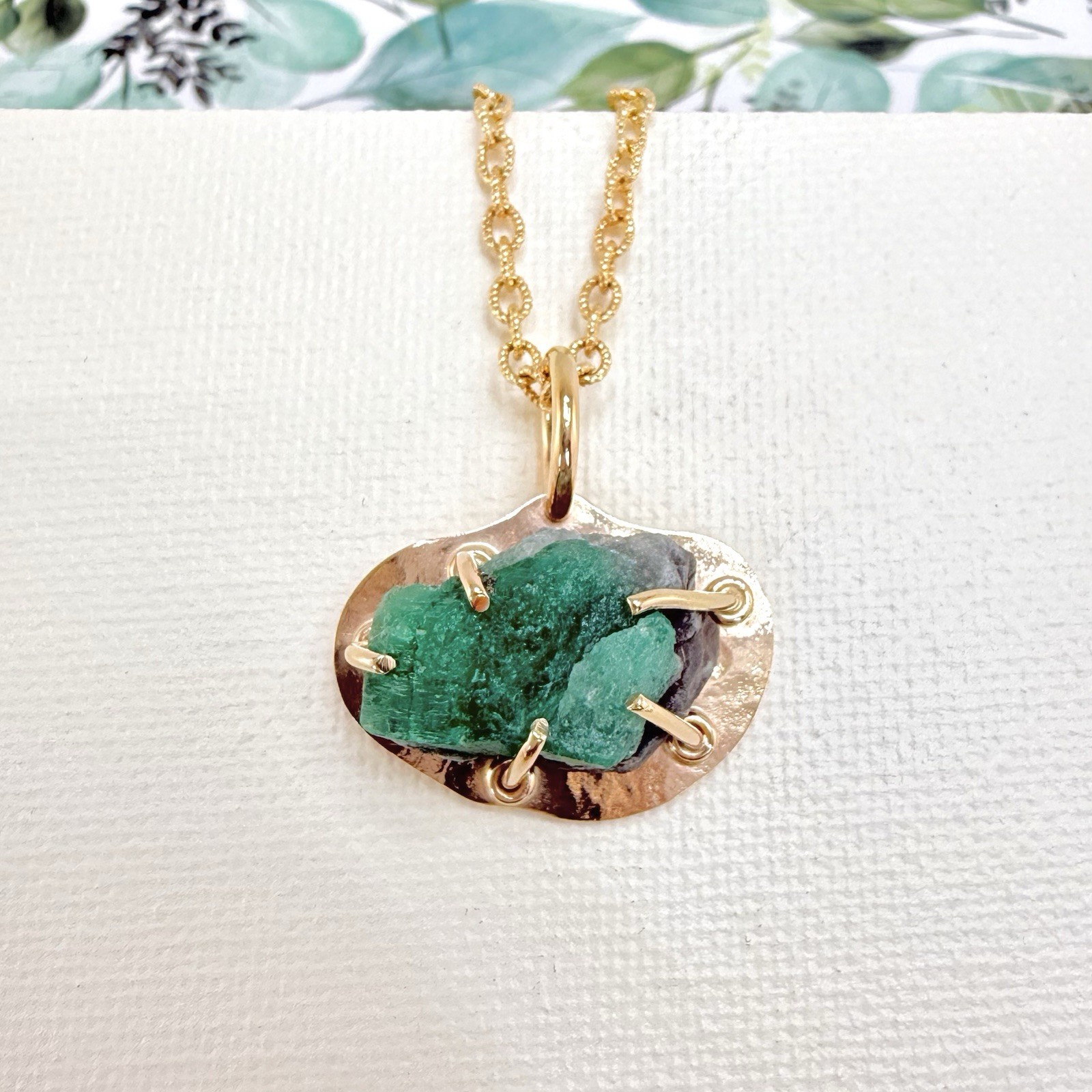 14k Yellow Gold Genuine Emerald Rough Freeform Modernist Pendant, New, Unisex - Picture 1 of 11
