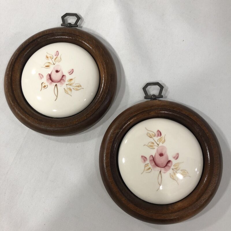 Vintage 5" Round Lasting Products PINK ROSE Handpainted Wall Plaques Two USA