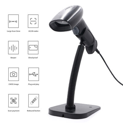 Handheld USB 1D 2D QR Barcode Scanner Wired Bar Code w/ Stand fr Shop Store B5G4