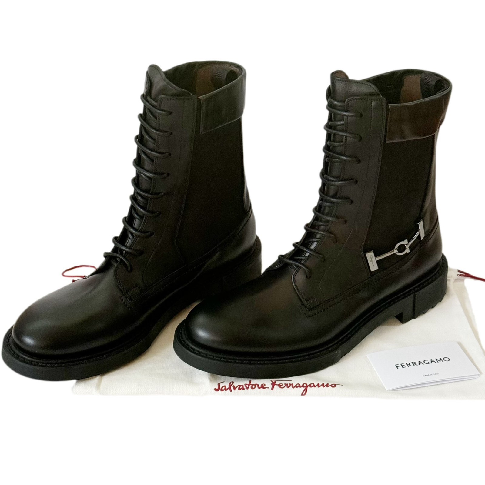 Pre-owned Ferragamo Men's Iglesias 13 Ee Black Leather Combat Gancini Boots Dress Casual