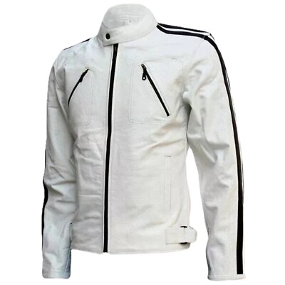 Men's White Genuine Lambskin Leather Black Stripes Stylish Handmade Biker Jacket